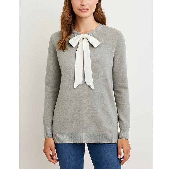 Banana Republic Gray Sweater White Satin Bow Tie Neck Top Preppy Classic Office - Picture 1 of 9